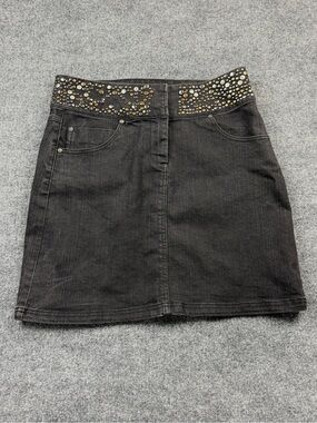 Women’s Black Studded Jean Skirt Grunge Distressed Black Y2K Sz 10